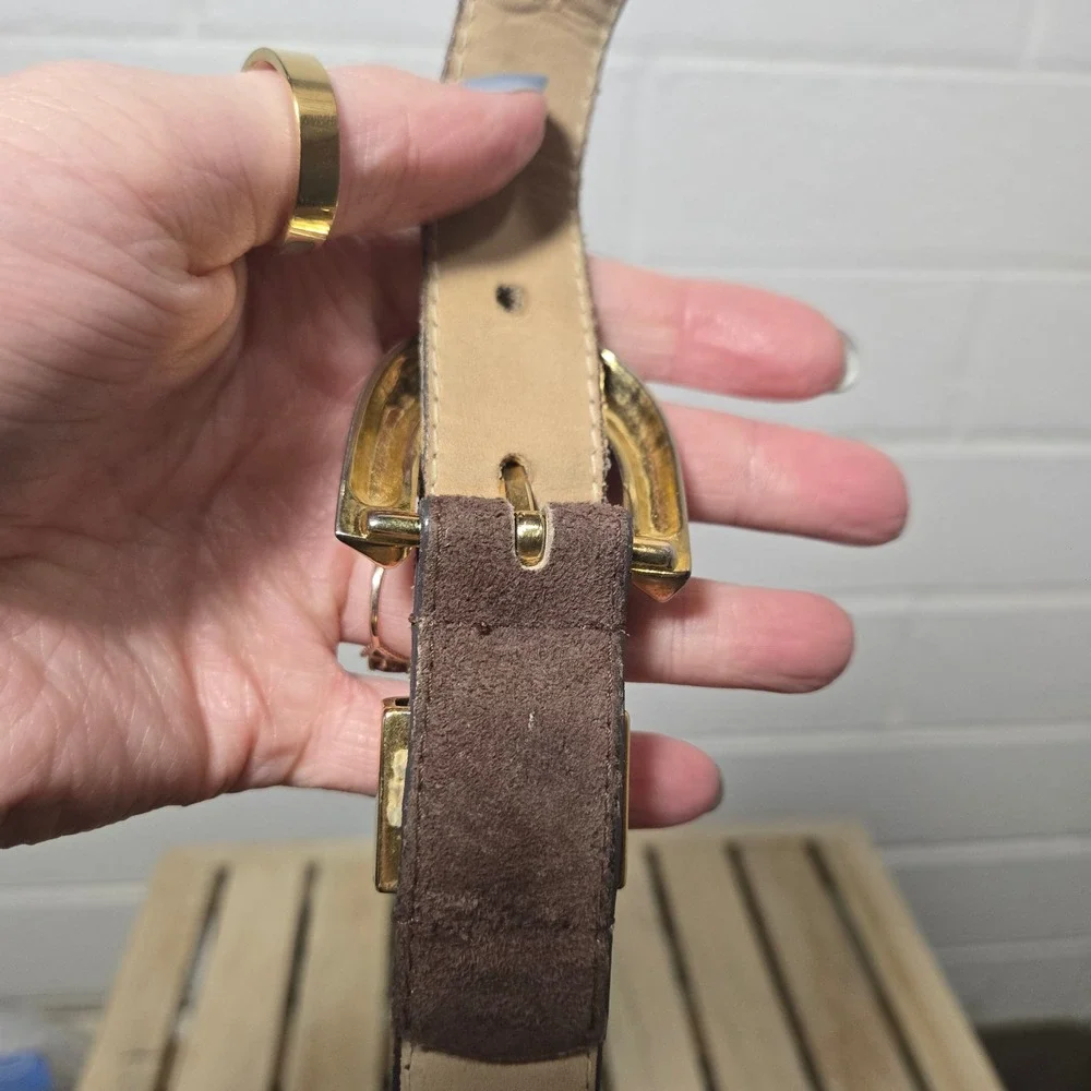 Vtg‎ Suede Leather Belt Small Brown Gold Buckle 80s 90s Cinch Bohemian Office